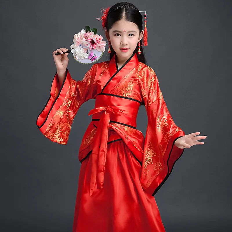 Children's clothing dresses, Chinese silk robes, girls' kimonos, Chinese traditional retro ethnic students' choir and dance cos
