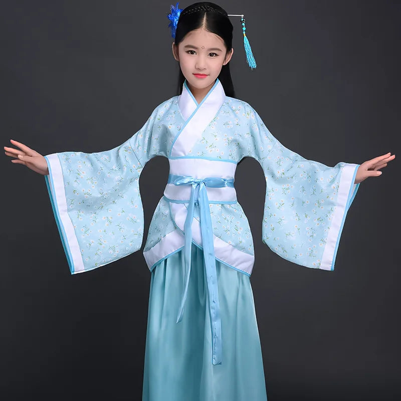 Children's clothing dresses, Chinese silk robes, girls' kimonos, Chinese traditional retro ethnic students' choir and dance cos